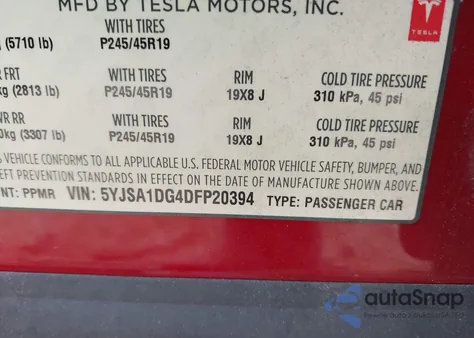 2013 Tesla Model S из США, поврежденный, VIN 5YJSA1DG4DFP20394